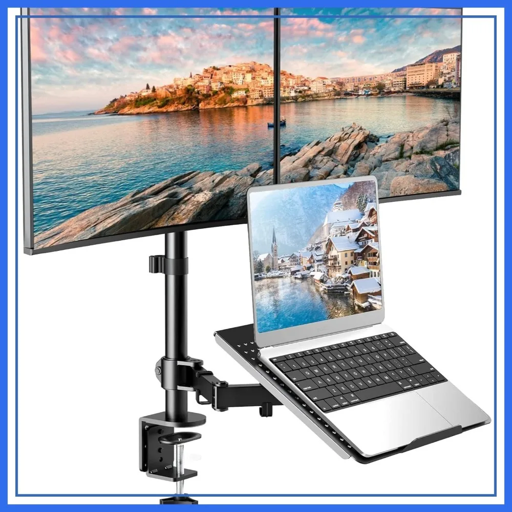 Height Adjustable Dual Monitor Mount with Laptop Tray, Fits 13-27" Screens & 10-17" Notebooks