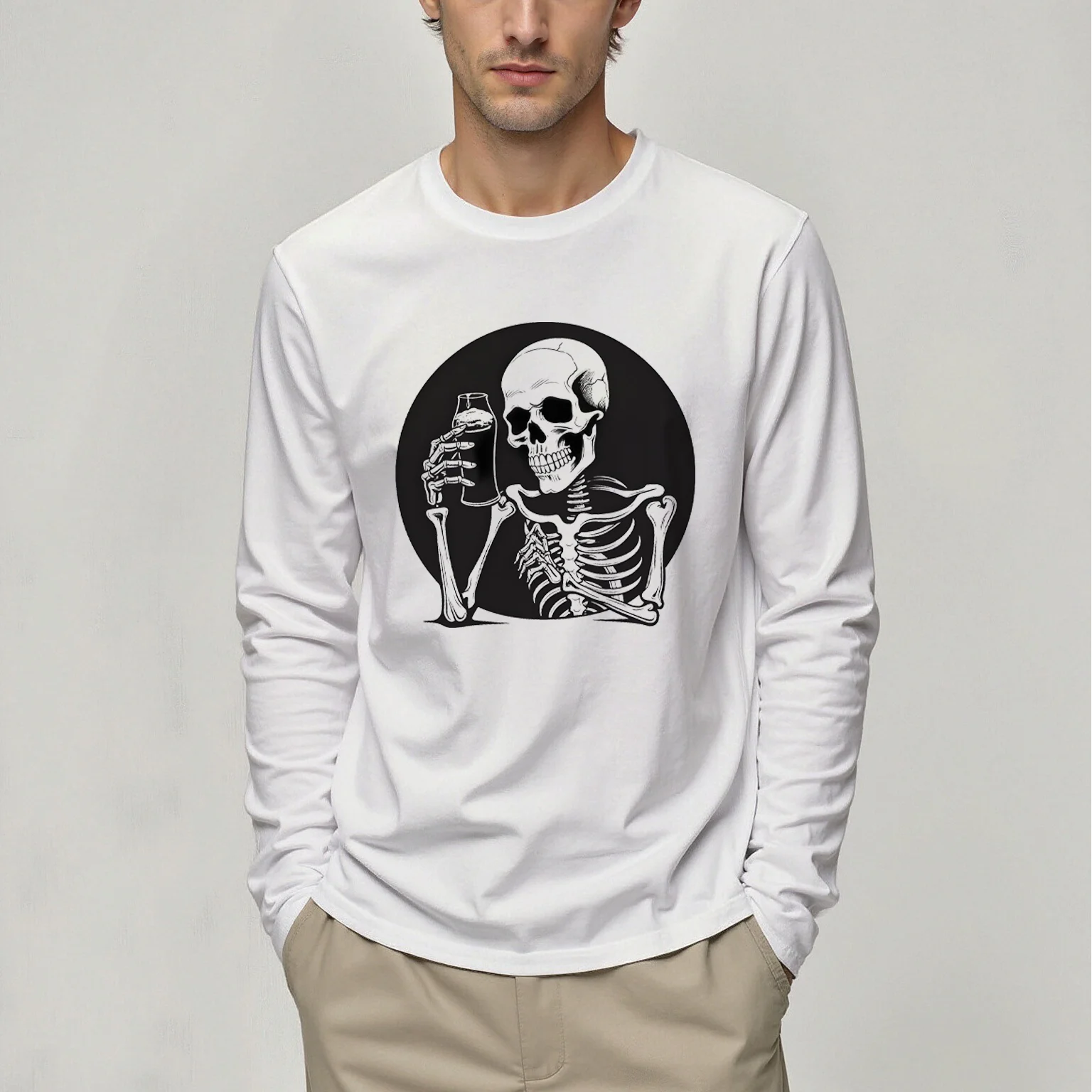 Langarm-T-Shirt für Herren, Rundhalsausschnitt, Frühling und Herbst, Totenkopf, Bier, lässig, modisch, bequem, vielseitig, atmungsaktiv