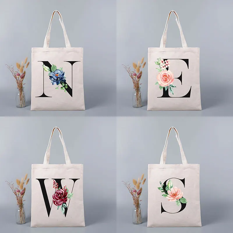 Flower Letter Print Canvas Tote Bag Eco Shopping Bag Foldable Reusable Cloth Shopper Harajuku Style Student Bag Purses Handbag