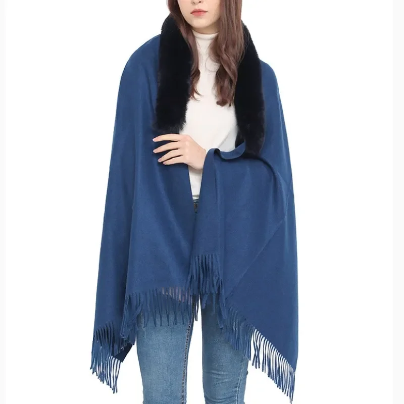 

Autumn Imitation Fur Collar Scarf Cape Winter Warm Women Scarf Shawl Dual Purpose Ponchos Lady Capes Cloak Blue Cardigan