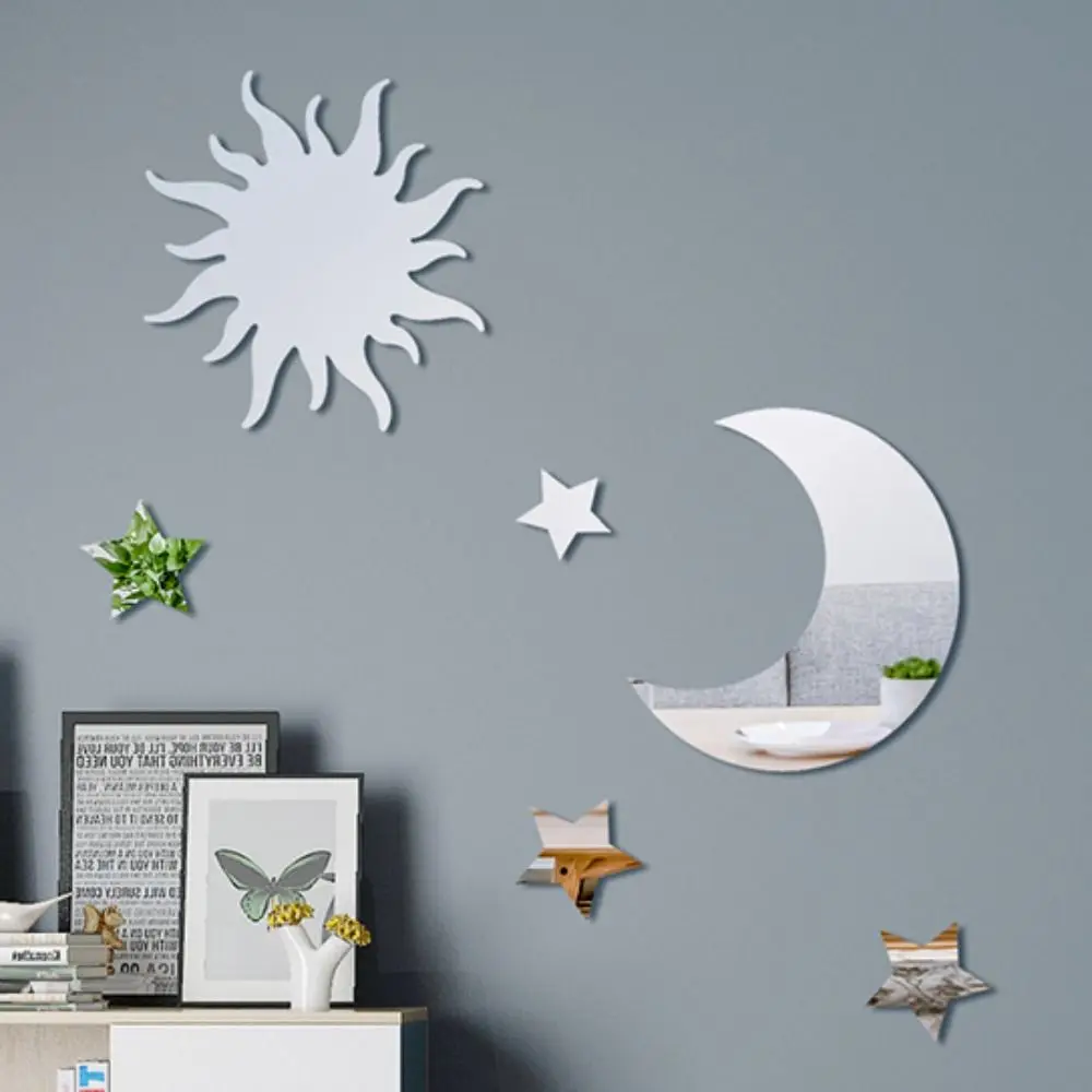 6pcs/set Easy Use Mirror Star Mirror Wall Sticker DIY Star Moon Combination Decal PVC Moon Mirror Art Decal Room Decor