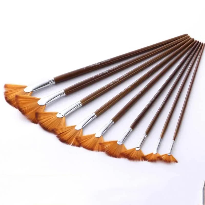 9Pcs/Lot Two-color Wooden Handle Nylon Hair Fan-shaped Painting Brushes Linen Rod Color Oil Brush Set Art Supplies