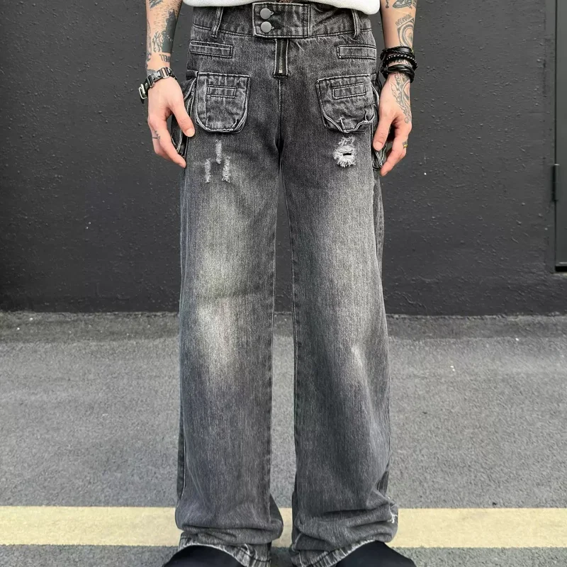 

American Style Cargo Jeans Pocket Zipper Design For Man Street Fashion Loose Broken Hole Wide Leg Full Length Pants