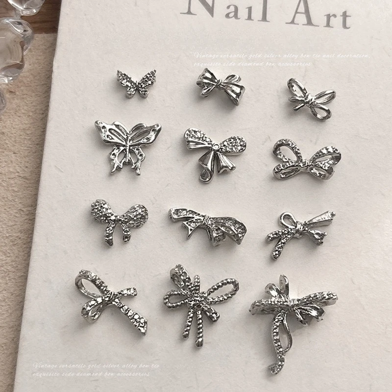 10Pcs Silver Bow Alloy Nail Charms,popular metallic butterfly rhinestone ornaments for daily manicure press-on nail decor