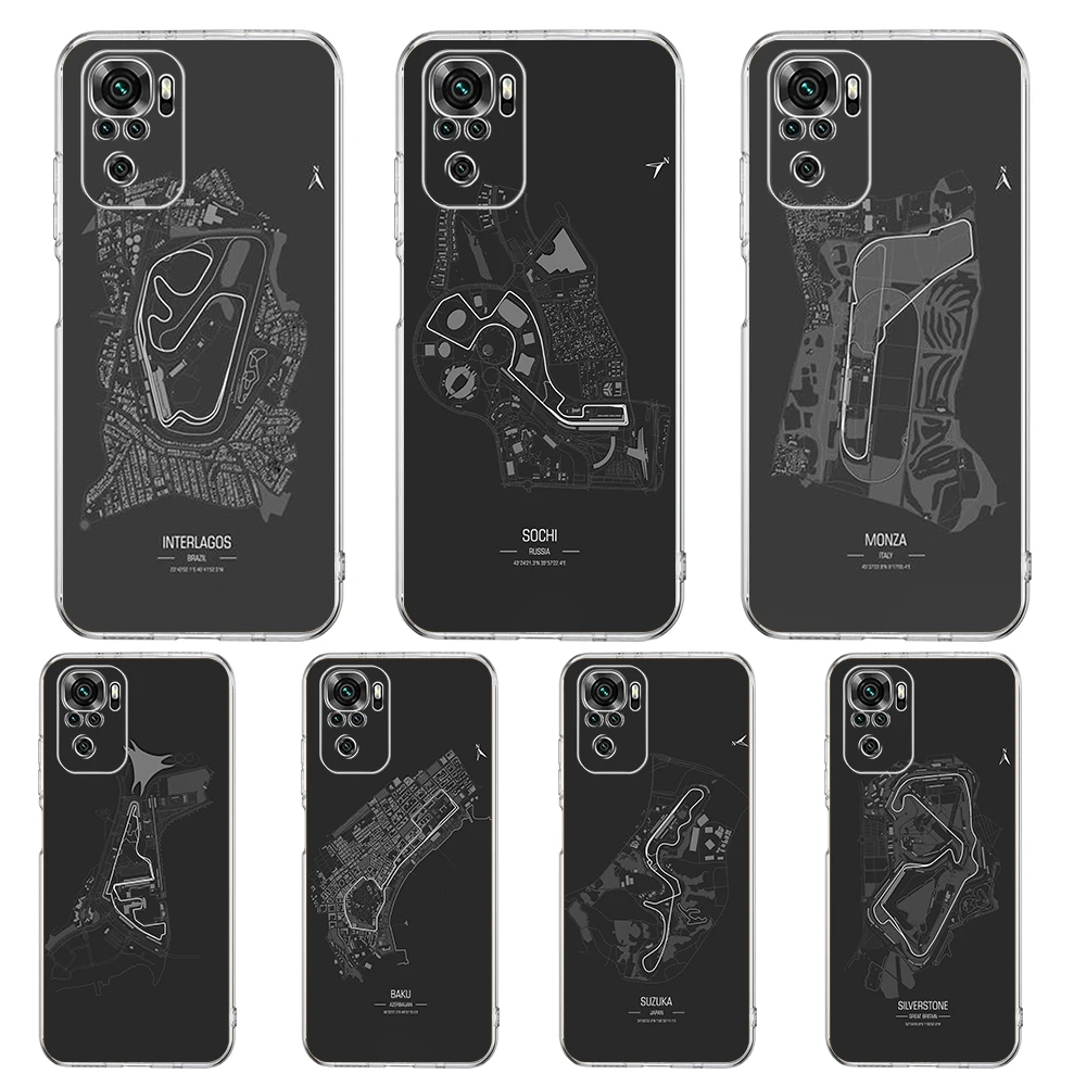 Transparent Phone Case for Redmi 13C 12C 10C Note 13 12 11 11T K40 Gaming Plus Pro 5G Soft TPU Cover Shell F1 Race Track Prints