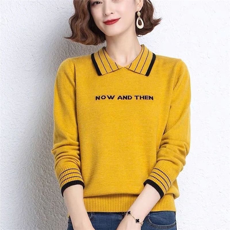 Women Trendy Letter Vintage Elegant Knitwear Autumn and Winter Korean Long Sleeve Kintted Sweater Female All Match Pullover Tops