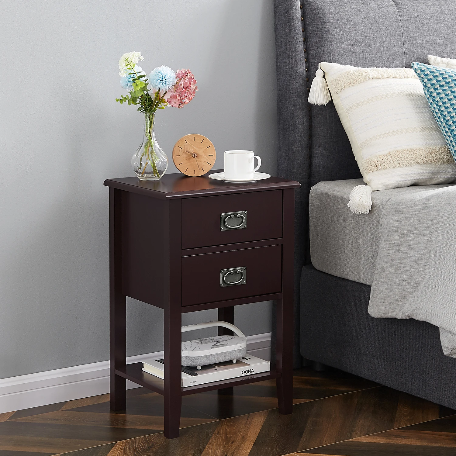 VECELO Nightstands Set of 2-Natural Beside Table with Storage Two Drawer - Midcentury Modern Bedroom Storage Cabinet, Brown image 5
