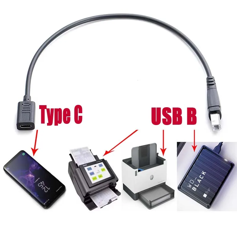 Type C to USB B Cable Converter Female to Male Adapter for Android Data Transfer Wire HDD Printer Scanner Connector Extend Cord