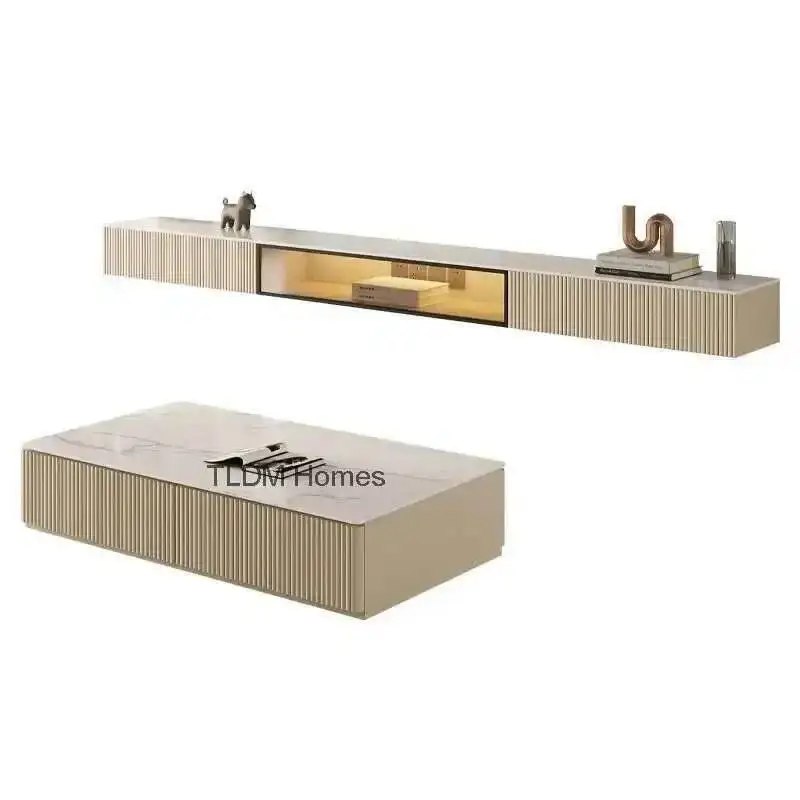 Nordic Solid Wood Suspended LED Smart Light TV Cabinets Living Room Furniture Modern Hanging Slate Luxury Wall TV Stands