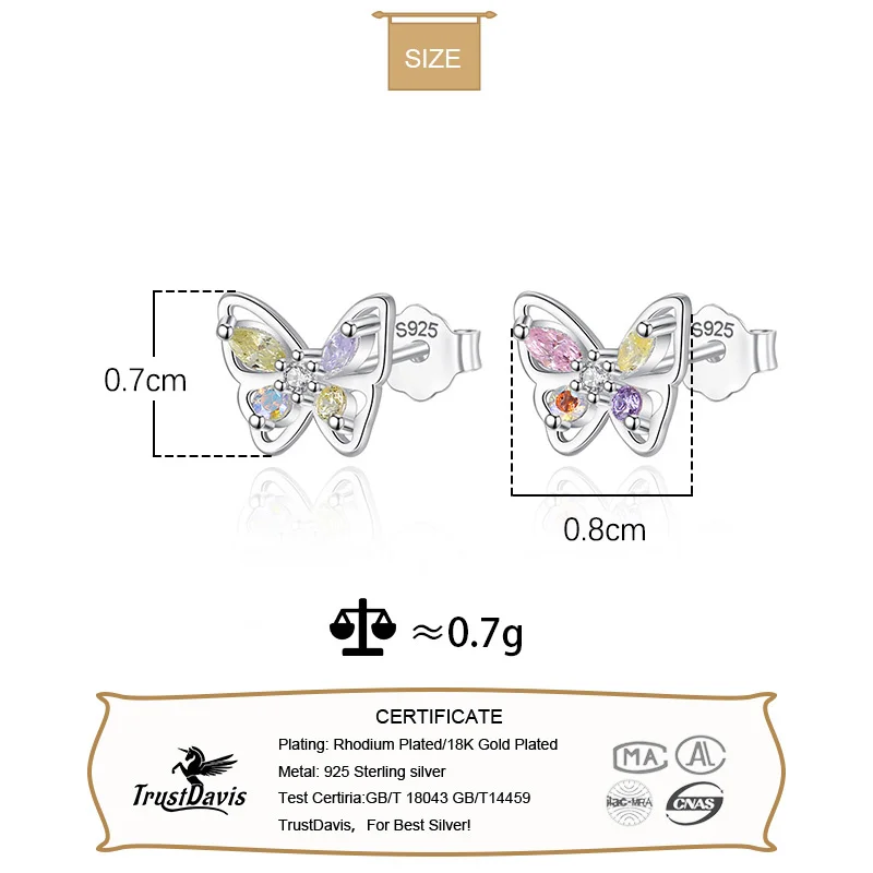 TrustDavis Real 925 Sterling Silver 2024 Colour Shiny CZ Butterfly Stud Earrings For Daughter Girls Fine 925 Jewelry Gift DG0037
