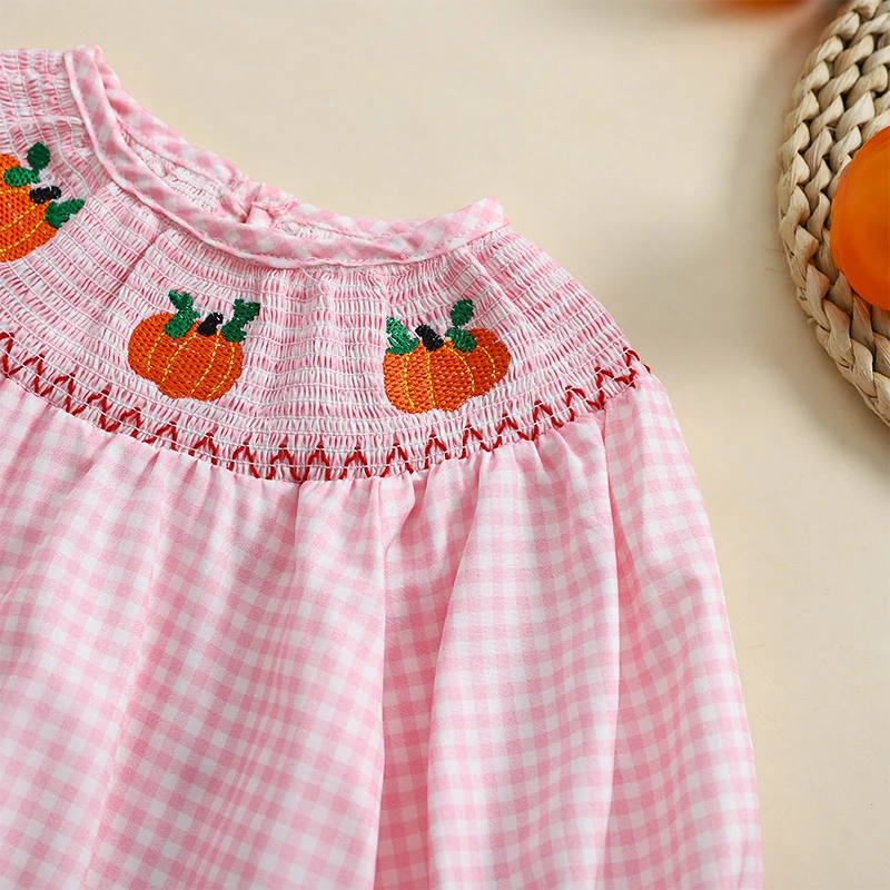 Pelele de Halloween para niña pequeña, traje de lino y algodón con bordado de calabaza a cuadros, manga larga abombada