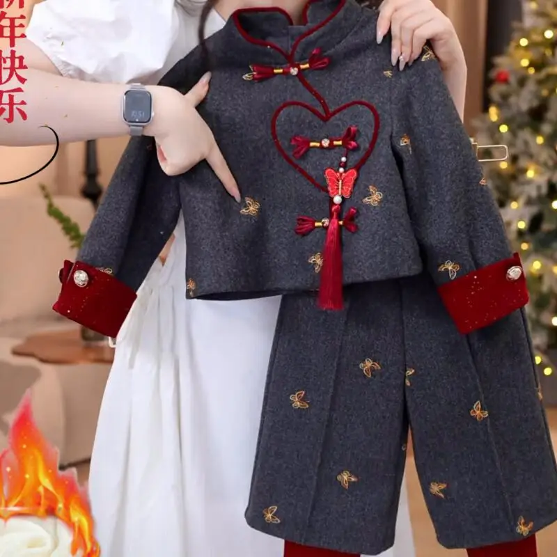 

Модное толстое теплое пальто для девочек, комплект с широкими брюками, зимний новый комплект с героями мультфильмов для девочек, милые маленькие ароматные стили, удобная мягкая одежда