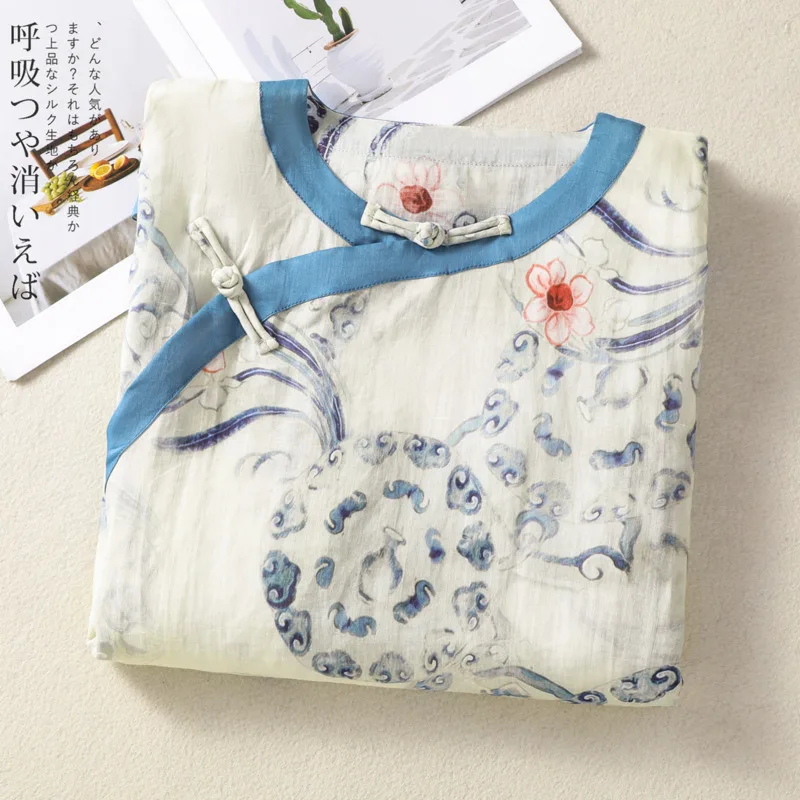 Chinese Vintage Ramie Long Blouse Women Summer New Frog Buttons Stand Collar Shirts Print Blue and White Porcelain Tops