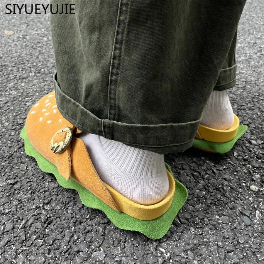 Hamburger Design Women Mules Couple Half Slippers Casual Thick Sole Lovers Shoes Belt Buckle Flats Men Lazy Slippers