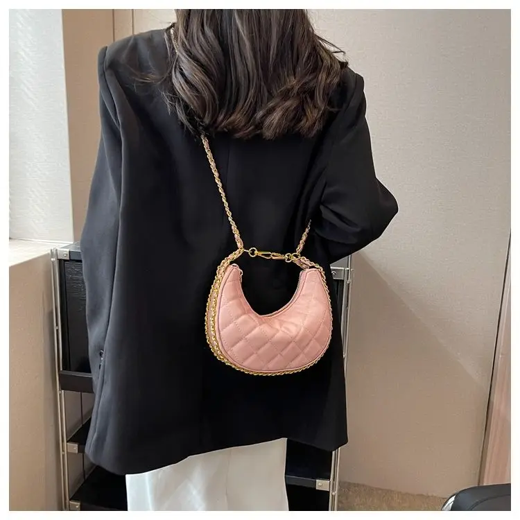 JIAERDI Fairycore Solid Y2k Messenger Bags Women High Street Chains Rhombic Lattice Half Moon Bag Ladies Casual Vintage Handbag