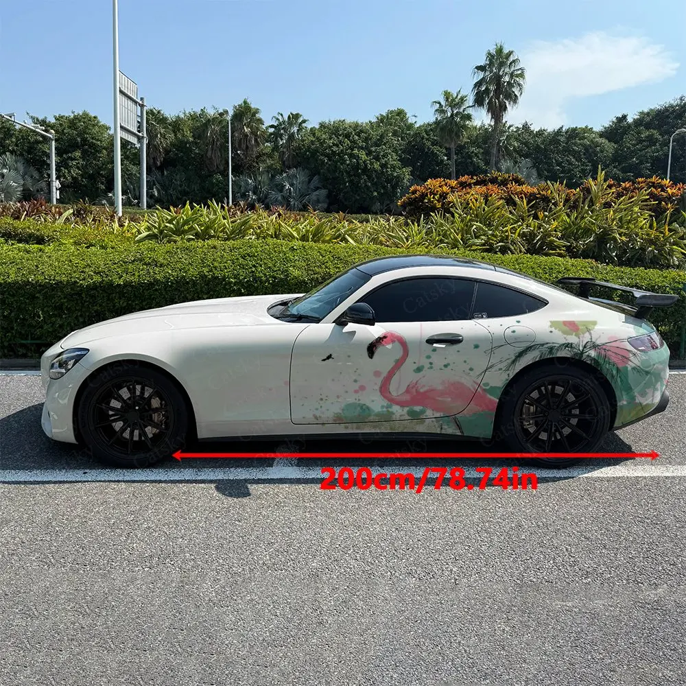 2pcs Colorful Wave Flamingo Realm, Durable, Fade-resistant, Enhance Vehicle Aesthetics With Bold Artistic Design Car Vinyl Wraps