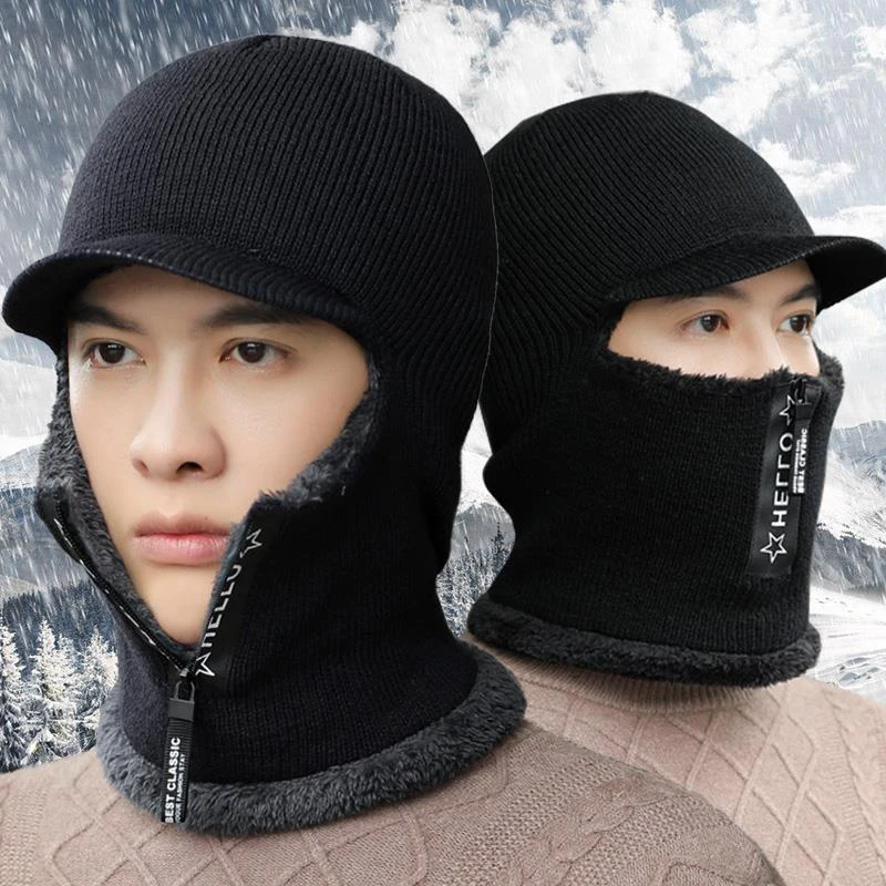 

New Men Winter Warm Wool Hat Outdoor Ear Protection Hats Warm Thick Cycling Knitted Cap Scarf Windproof Cap Neckwarmer Cap