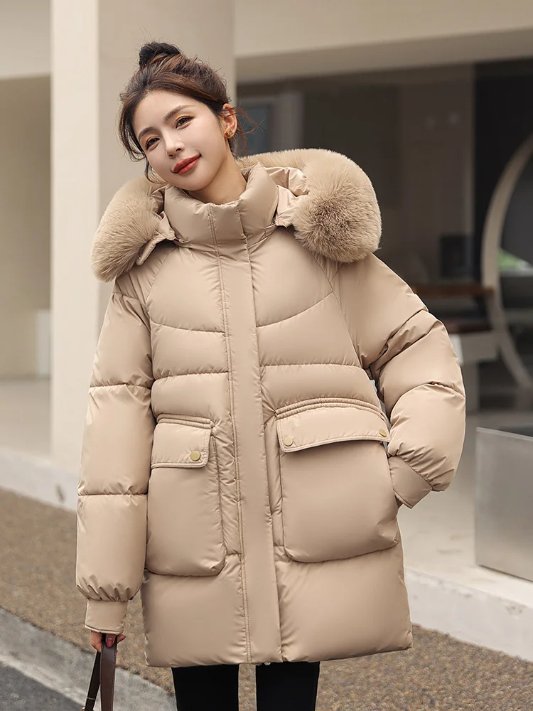 Vielleicht-Parkas largas acolchadas de algodón para mujer, chaqueta con capucha extraíble con Cuello de piel grande, abrigo a prueba de viento, ropa