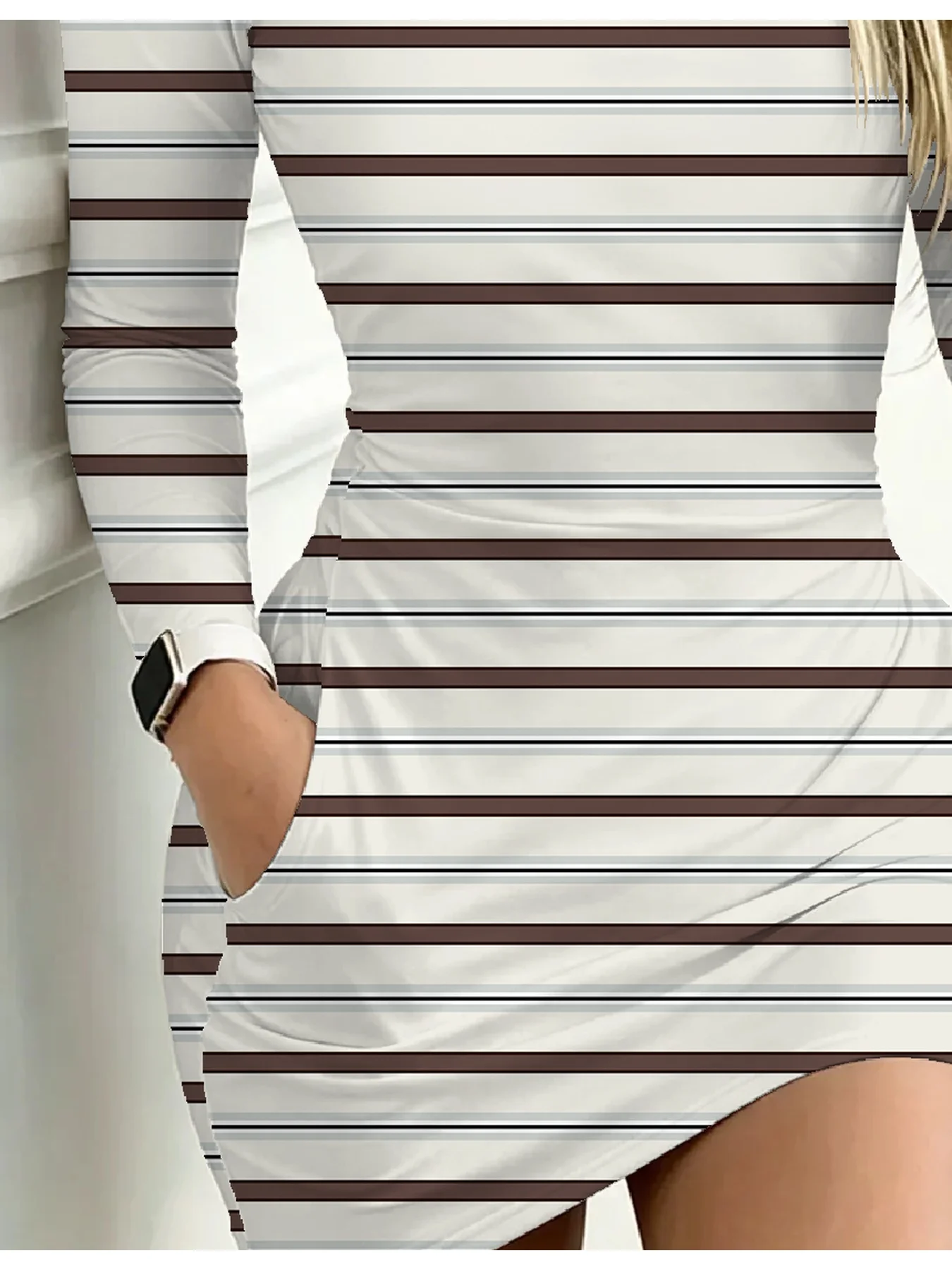 Damen Freizeitkleid mit Streifenmuster und Farbblockdesign, Rundhalsausschnitt, lange Ärmel, Taschen, elegante Minirocklänge – Detail 18