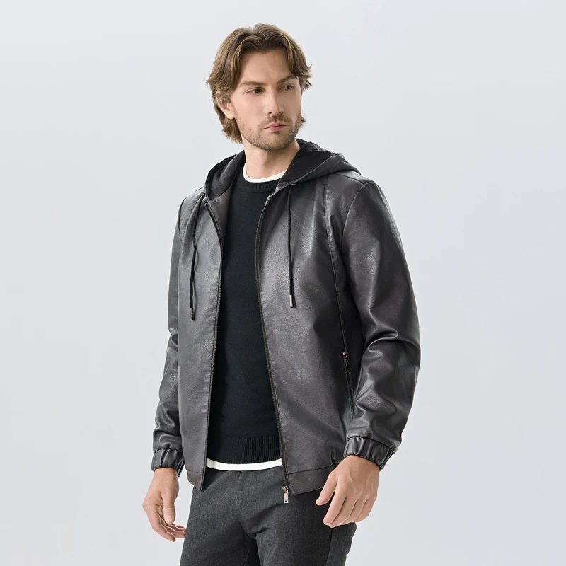 

Новая мужская модная кожаная куртка с капюшоном и шнурком, мужские мотоциклетные байкерские кожаные пальто, мужская однотонная черная куртка из искусственной кожи