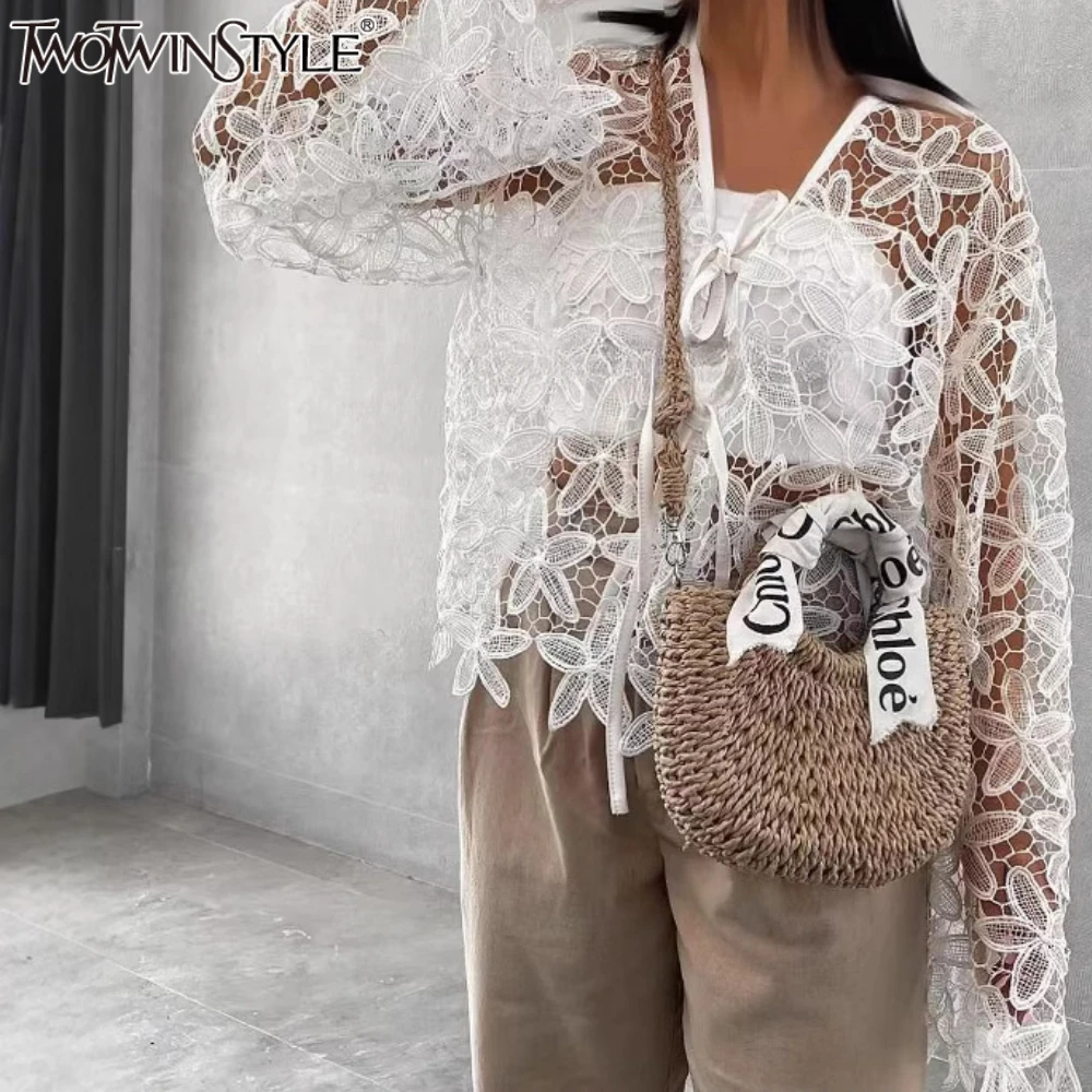 

TWOTWNSTYLE Solid Loose Spliced Lace Coat for Women V Neck Long Sleeves Patchwork Hollow Out Sheer Jacket Female Clothing New
