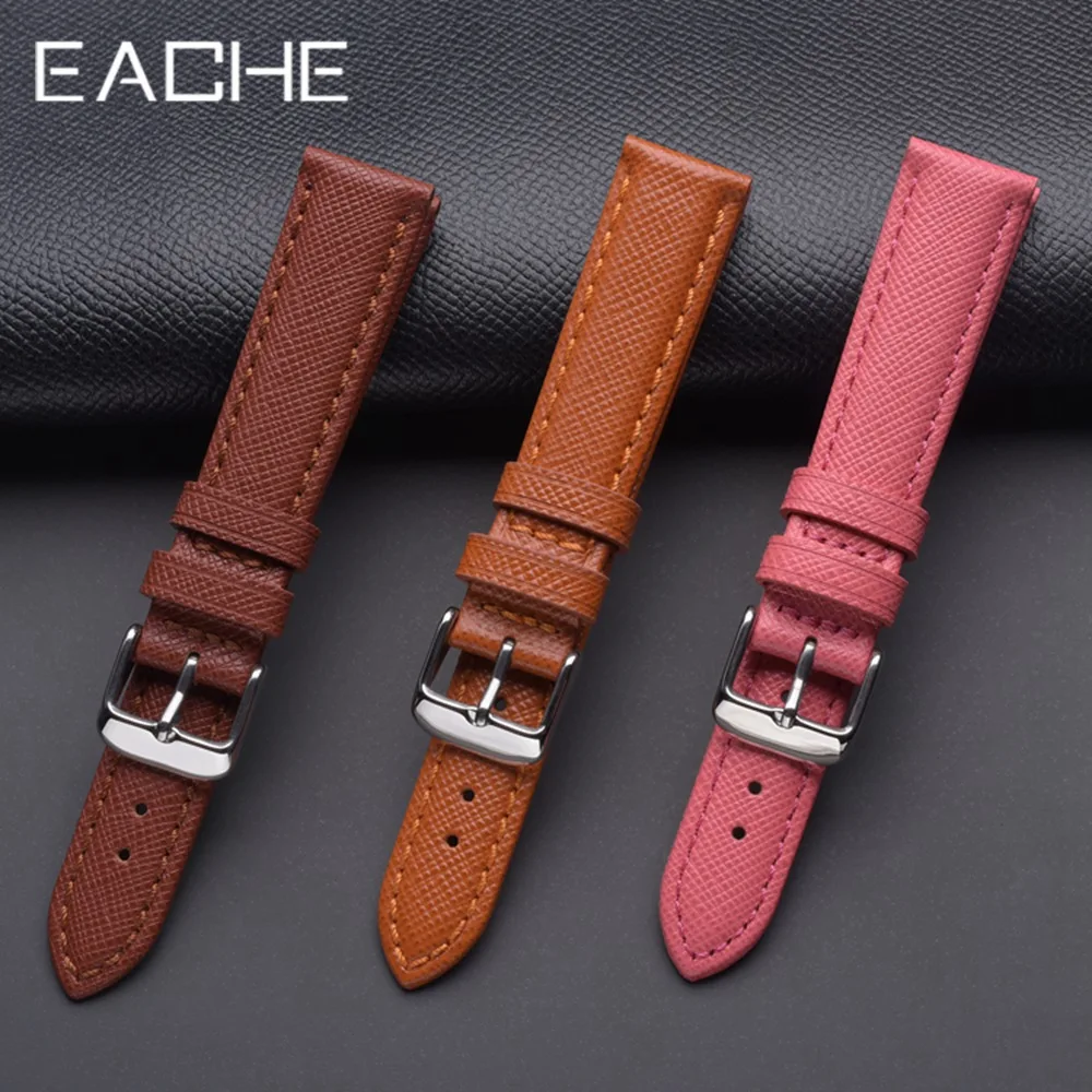 EACHE Saffiano Leather Watch Strap Checkered Cross Pattern Watchband 18mm 20mm Watchstrap Red Pink Blue Black Orange