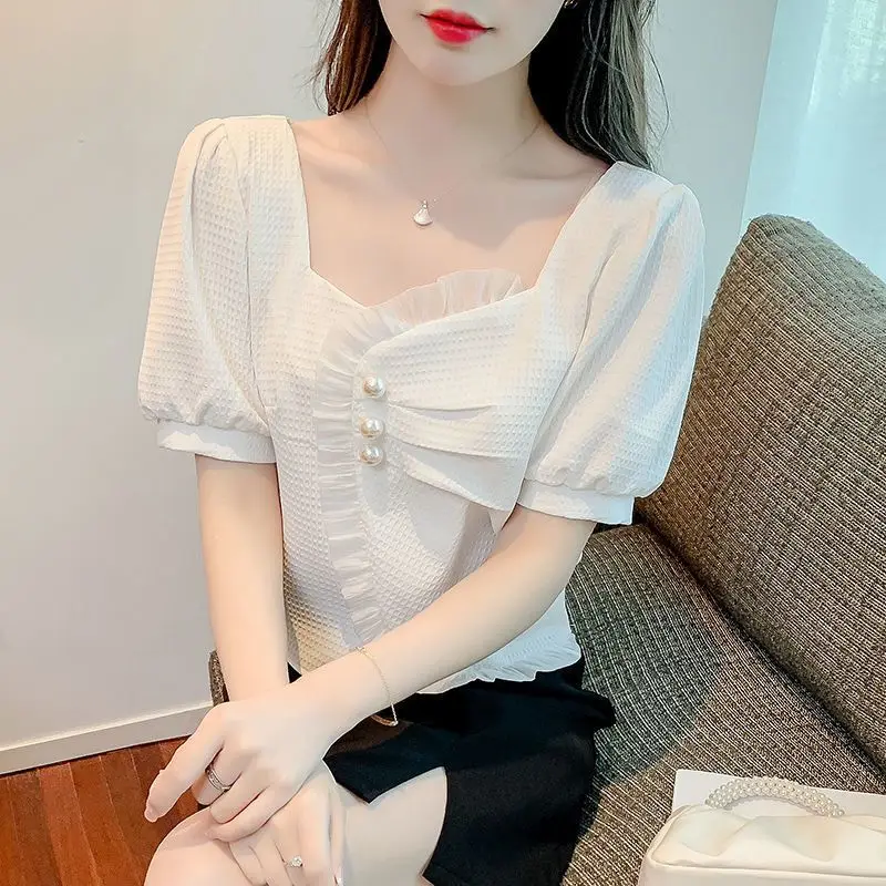 Women Summer Fashion Loose Diamonds Ruffles Solid Color Square Collar Short Sleeve Shirts Ladies Casual All-match Irregular Tops