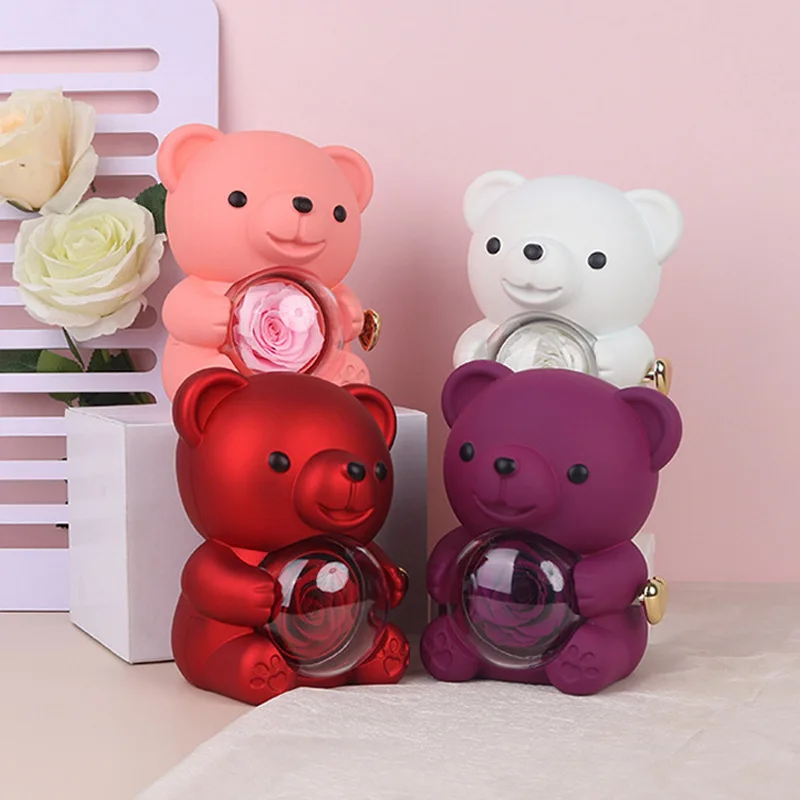 New Rotating Hugging Bear Rose Jewelry Box Eternal Flower Gift Box for Girl Mother\'s Day Valentine\'s Day Christmas Gift