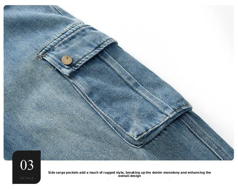 Herbstliche Freizeit-Cargo-Jeans für Jungen mit Taschen, lockerer Schnitt, Teenager-Denim-Hose, modische Kinderjeans, 5-14 Jahre – Detail 9