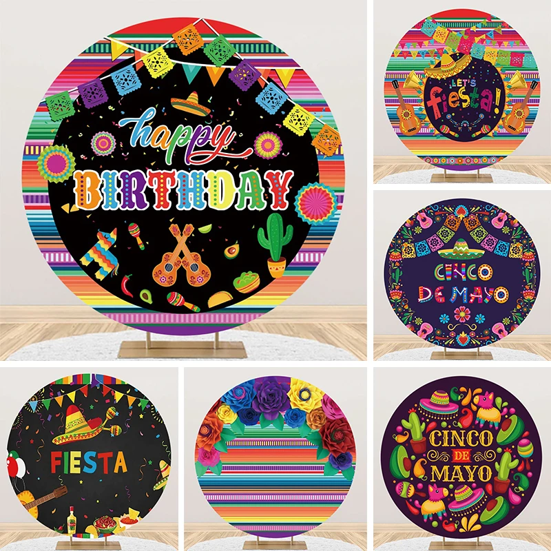 

Colorful Happy Mexico Fiesta Birthday Round Backdrop Cover Mexican Carnival Theme Party Circle Photo Background Photography Prop