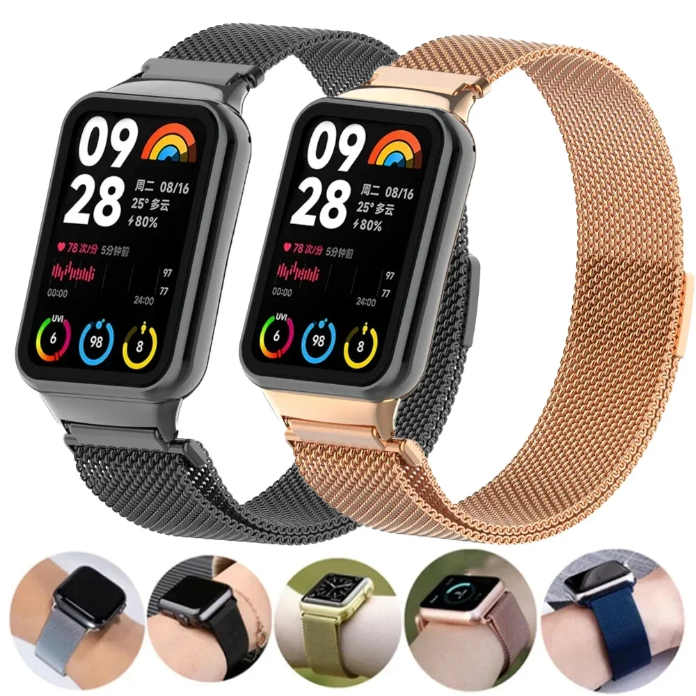 Correa de bucle milanés para Xiaomi Mi Band 9 8 Pro pulsera magnética de acero inoxidable para Redmi Watch 4 5 accesorios de cinturón