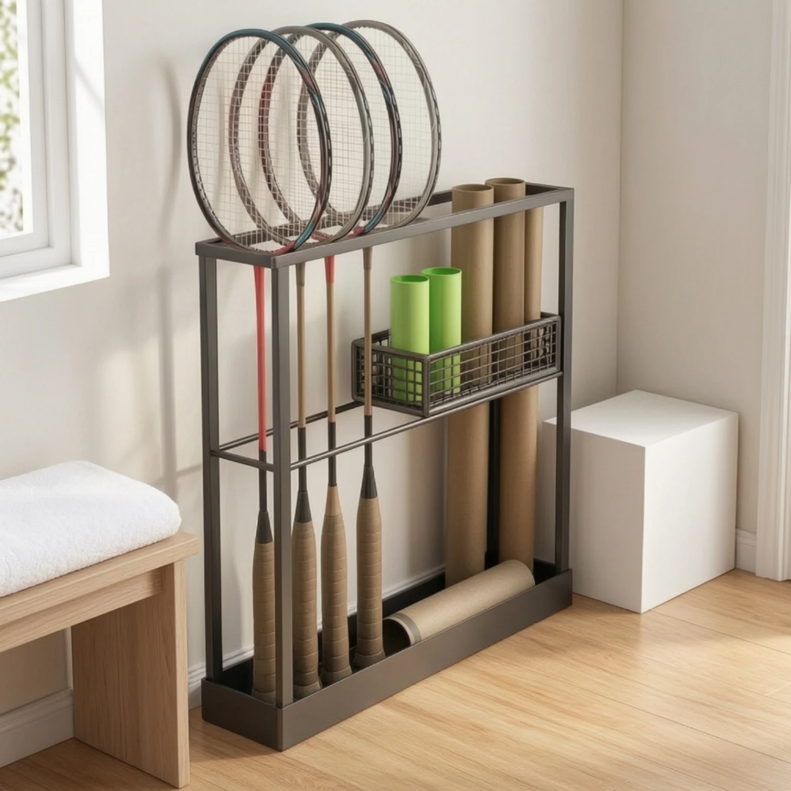 Sports Storage Rack with Basket Narrow Tennis Racket Storage Rack Badminton Racket Holder Open-Frame Organizer Geometric