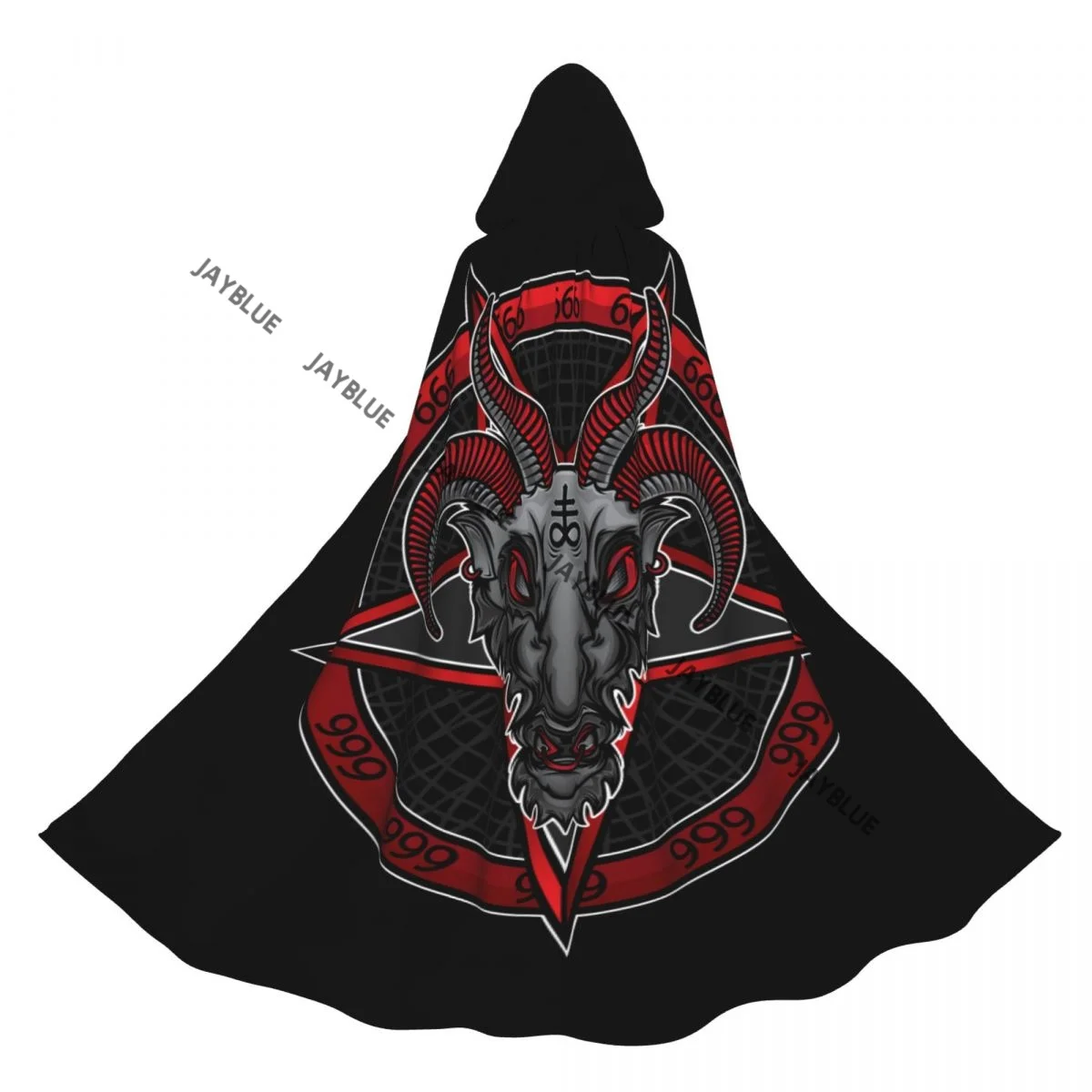 Volwassen mantel Cape met capuchon Baphomet Demon 666, middeleeuws kostuum heks Wicca vampier elf Purim carnavalsfeest