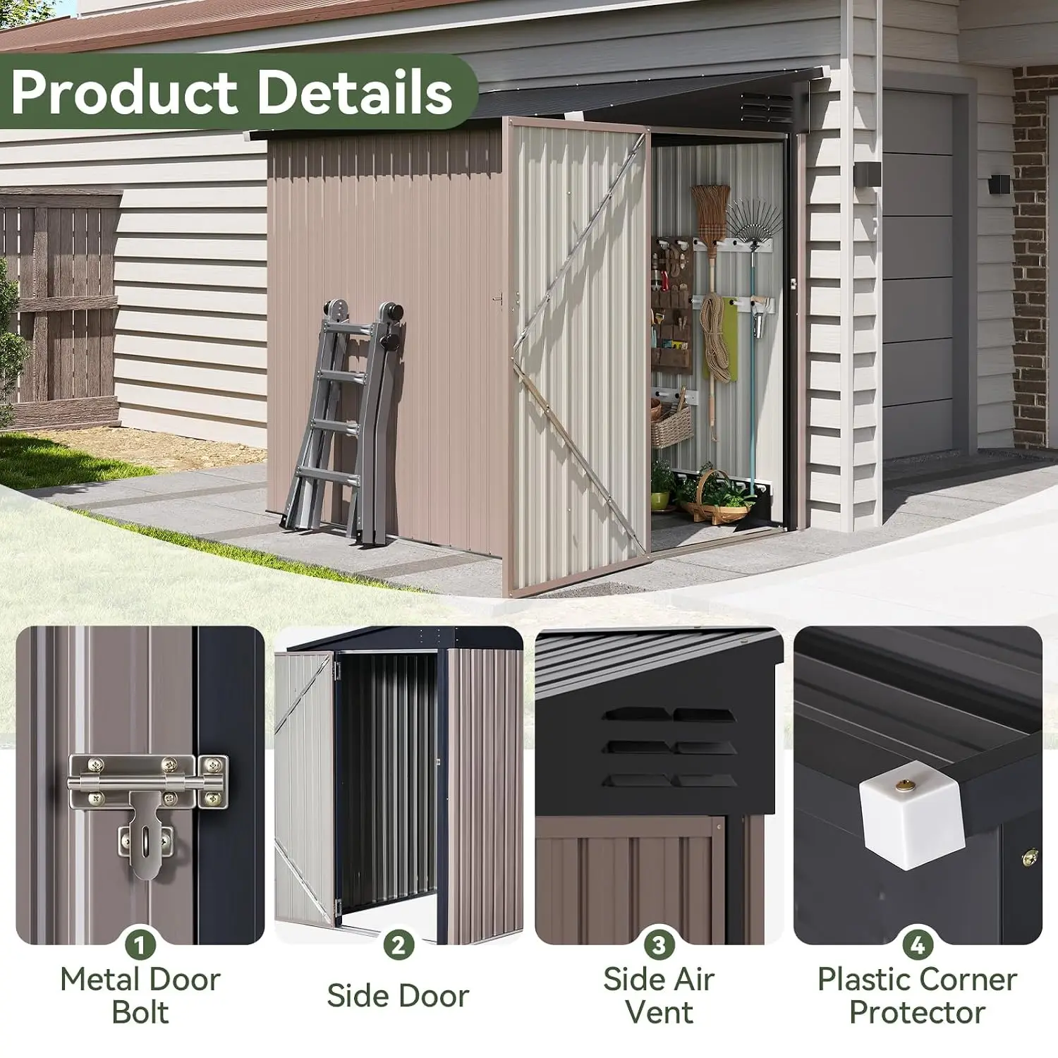 6x4ft Lean to Shed Outdoor Steel Garden Storage Cabinet Lockable Door Waterproof Rust-Proof Yard Patio, Customized