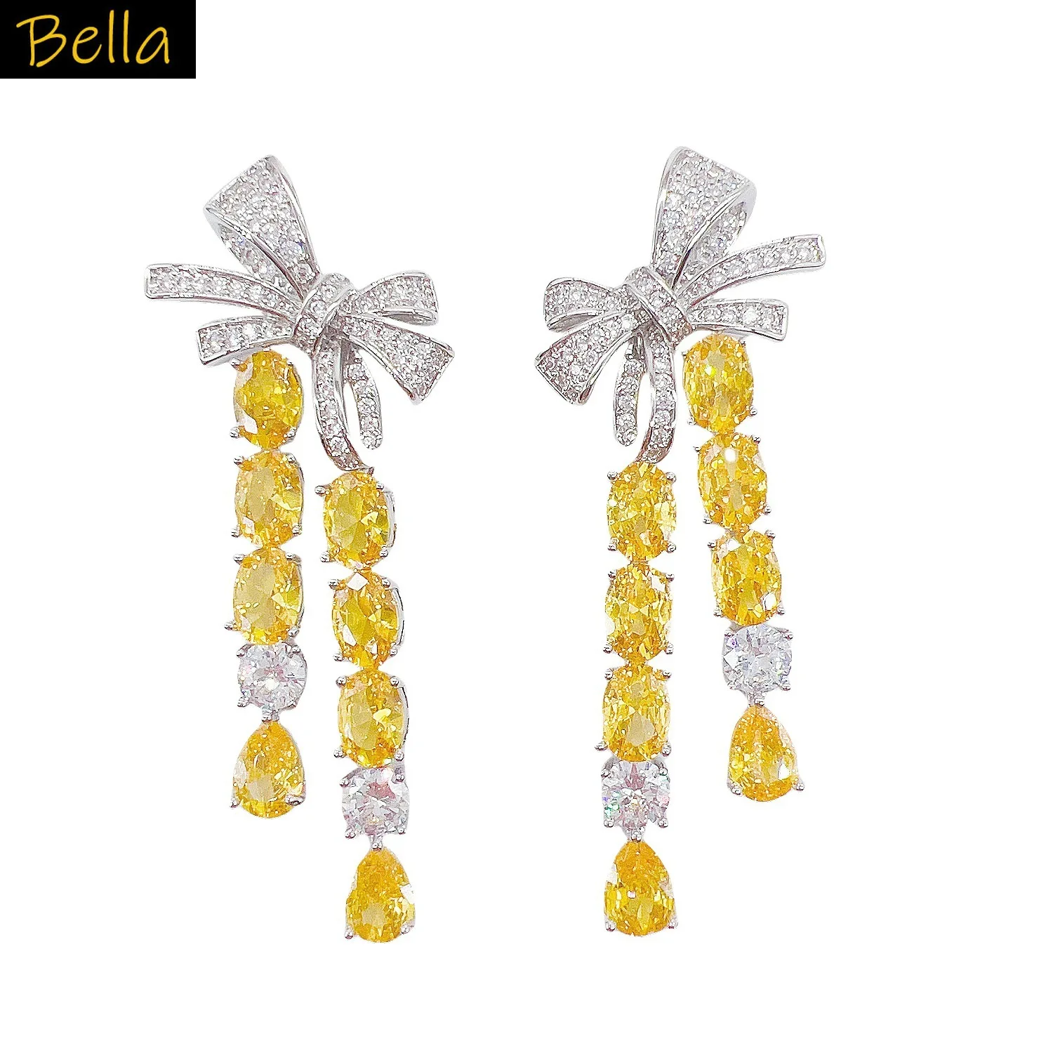 

Роскошные серьги с бантом, цирконий, желтый, красный, зеленый, белый, цепочка, серьги-подвески с кисточками, милые ювелирные изделия для ужина, женский подарок