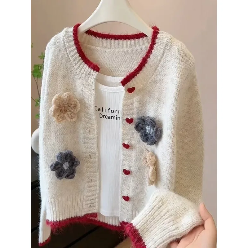 

Вязаный кардиган-блузка для женщин, весна/осень, французский стиль, милый круглый вырез, объемные цветочные узоры, контрастные цвета