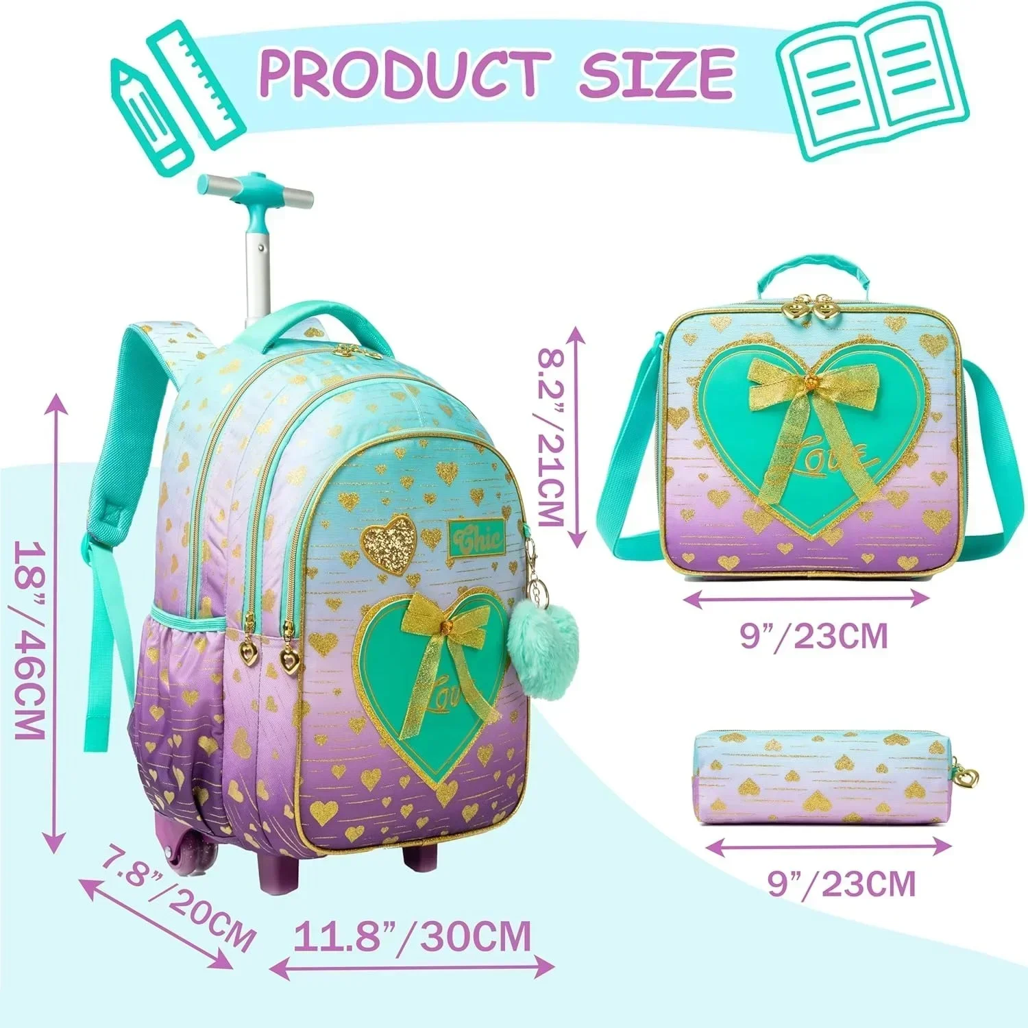 Girls Wheeled Backpack Set Cute Bowknot Ribbon School Backpack with Wheels for Elementary Student Multiple Compartments Book Bag