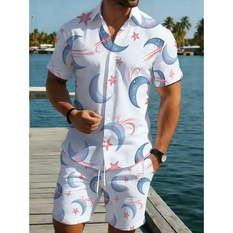 Breathable Comfortable Men's Summer Shirt Set Moon Star Pattern Lightweight Polyester Material Ideal For Beach Pool Daily Casual