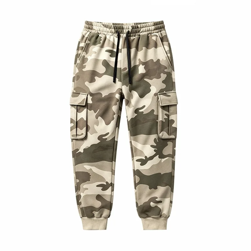 Herren Einteilige Herbst/Winter Fleece-Gefütterte Tarnfarben-Arbeitshose mit Kordelzug, Mehrfachtaschen Lässige Weite Sport-Hose – Detail 6
