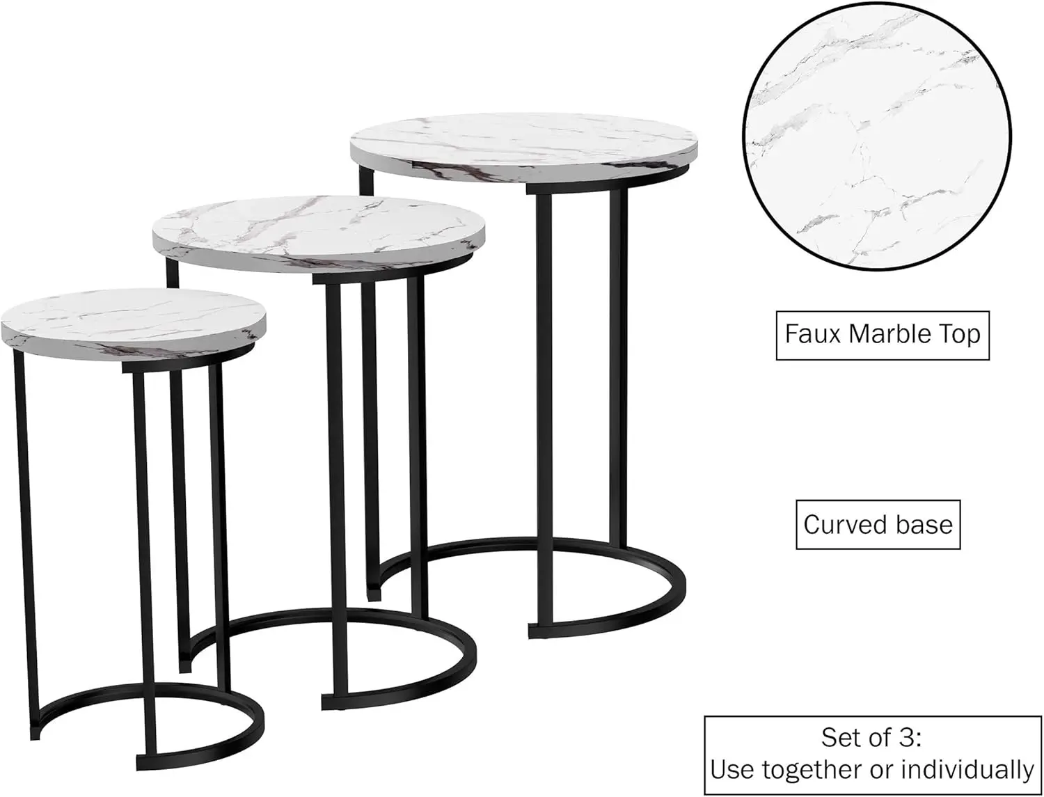 Set of 3 Round Living Room End Tables – Modern Faux Marble Top and Black Metal Base Nesting Tables or Nightstands (White)