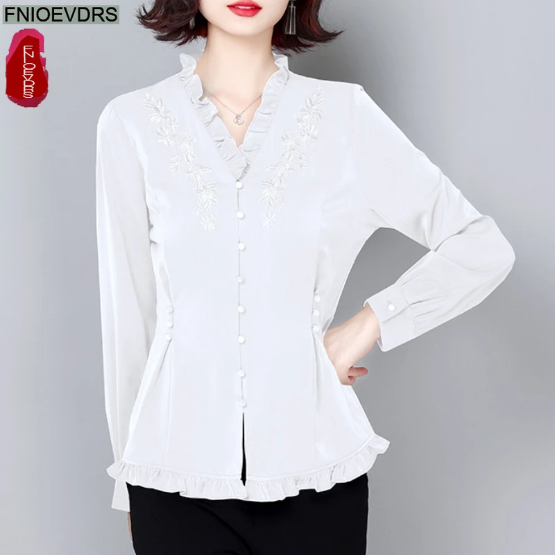 레트로 빈티지 러플 탑 블라우스 가을 봄 여성 긴팔 솔리드 자수 꽃무늬 그린 퍼플 화이트 기본 셔츠