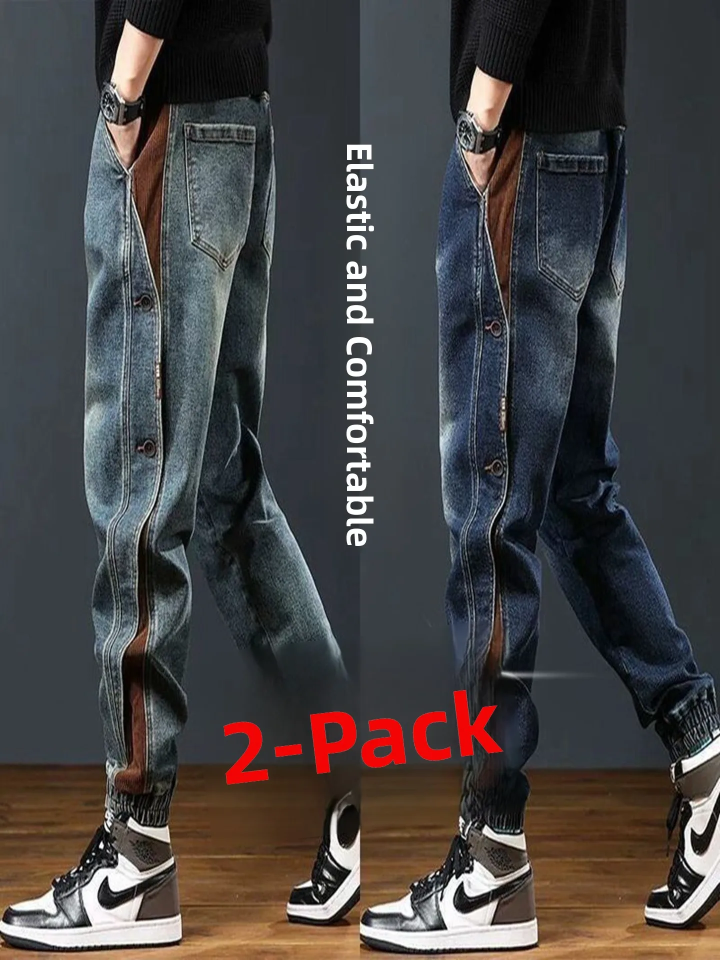 

Мужская повседневная рабочая одежда Fce Лоскутные джинсы с эластичной резинкой на талии Брюки-карго Осень-зима Износостойкие брюки Харлан