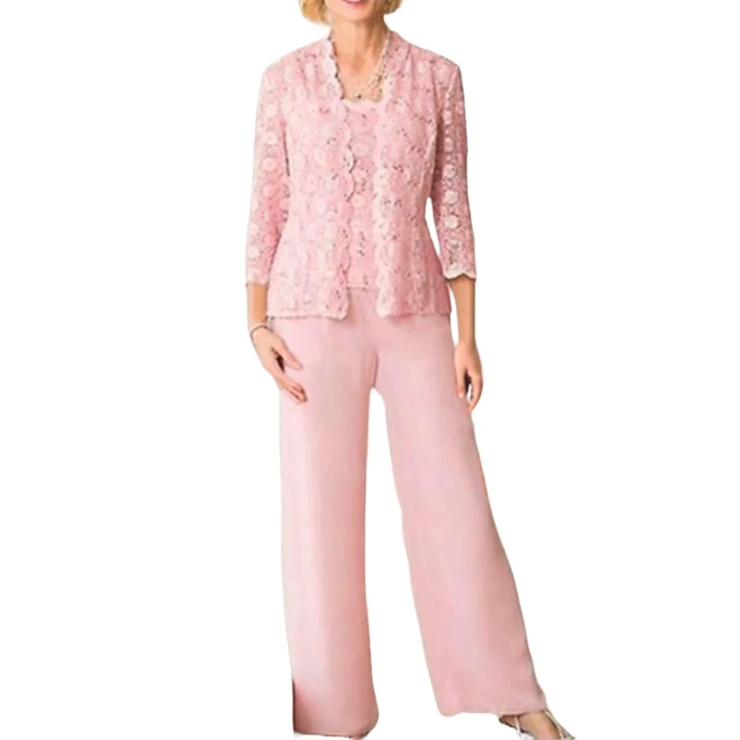 Customized Pink Lace Mother of the Bride Pantsuit with Three Quarter Sleeves Loose Fit Pants Wedding Special Occasion 3-Piece