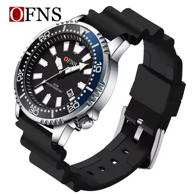 OFNS 8032 Orologio al quarzo da uomo Fashion Cool Black Sport Arancione Verde Calendario Luce notturna Orologio con cinturino in silicone impermeabile