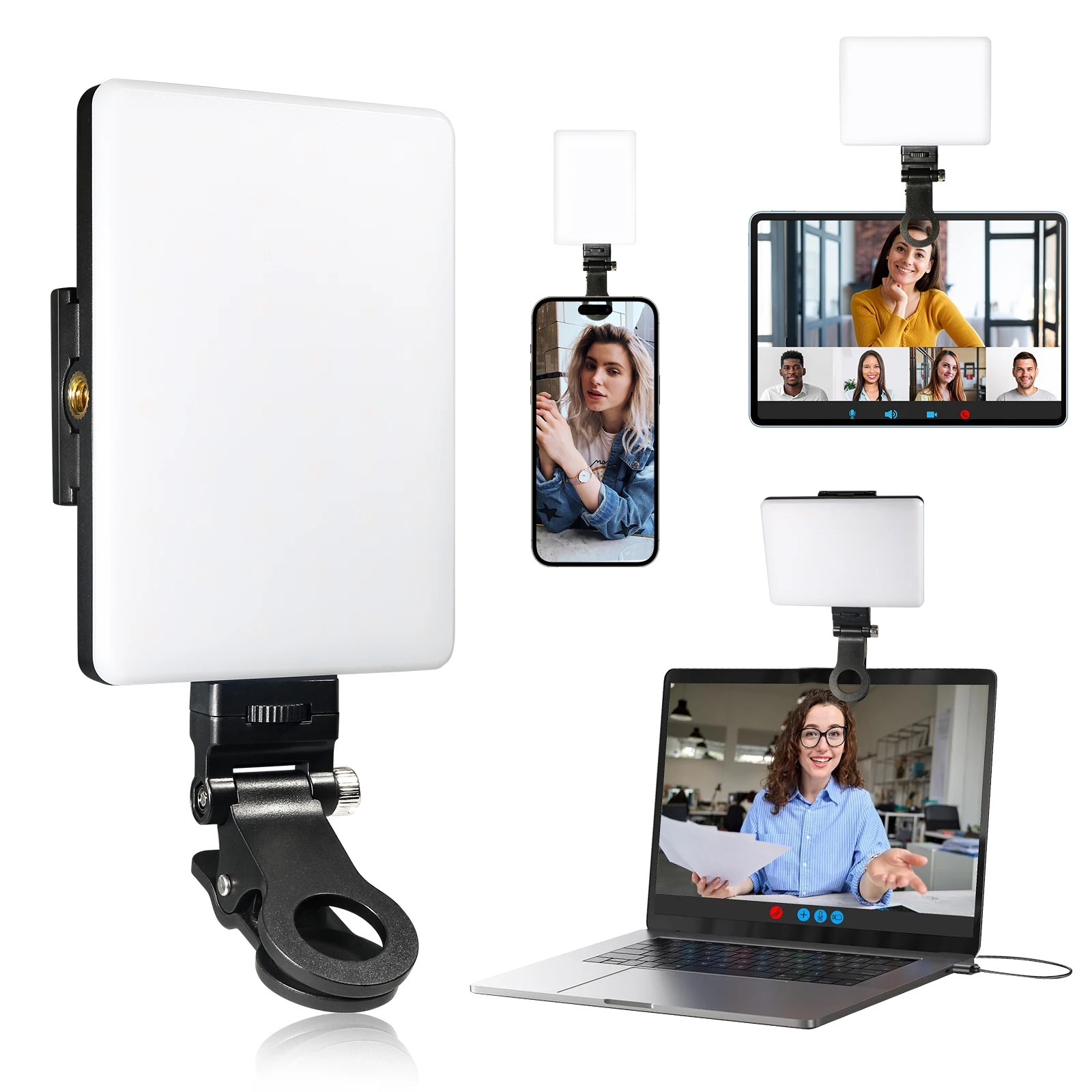 

Перезаряжаемый двухцветный светильник для селфи с зажимом для телефона, ноутбука, видеоконференций