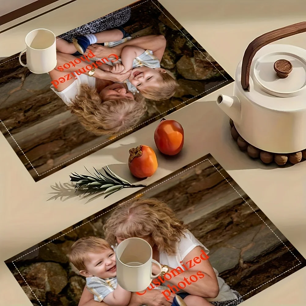 Personalized Family Photo Linen Look Placemat Set 4/6Pcs Custom Washable Rectangular Table Mats Holiday Banquet Party Decor Gift