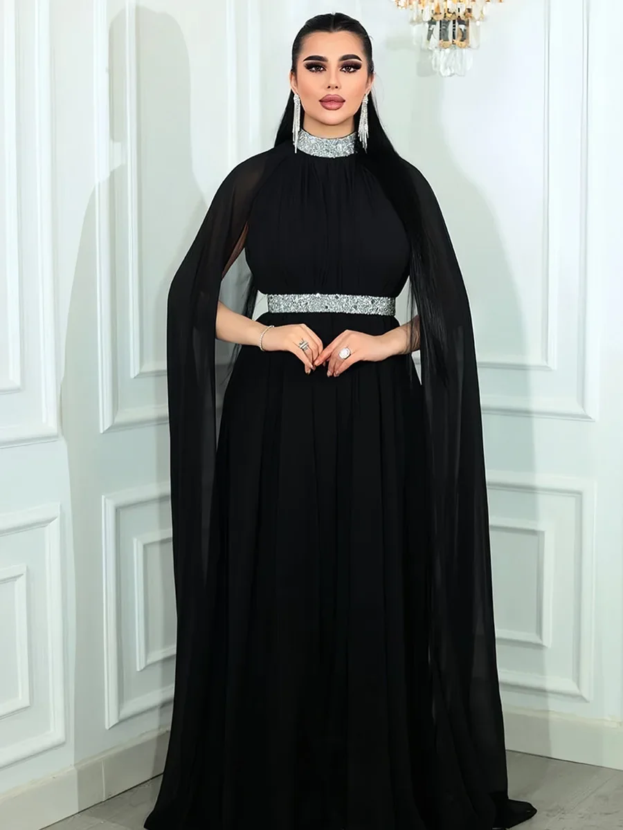 Eid Muslim Party Dress for Women Ramadan Abaya Chiffon Long Dress Belt Morocco Kaftan Vestidos Largos Dubai Robe Jalabiya 2024