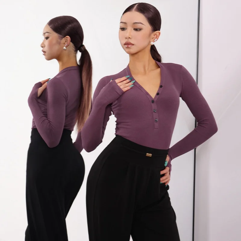 

Latin dance training costume sexy V-neck long sleeved top+high waist slimming pants 2pcs adult women's Latin practice clothes