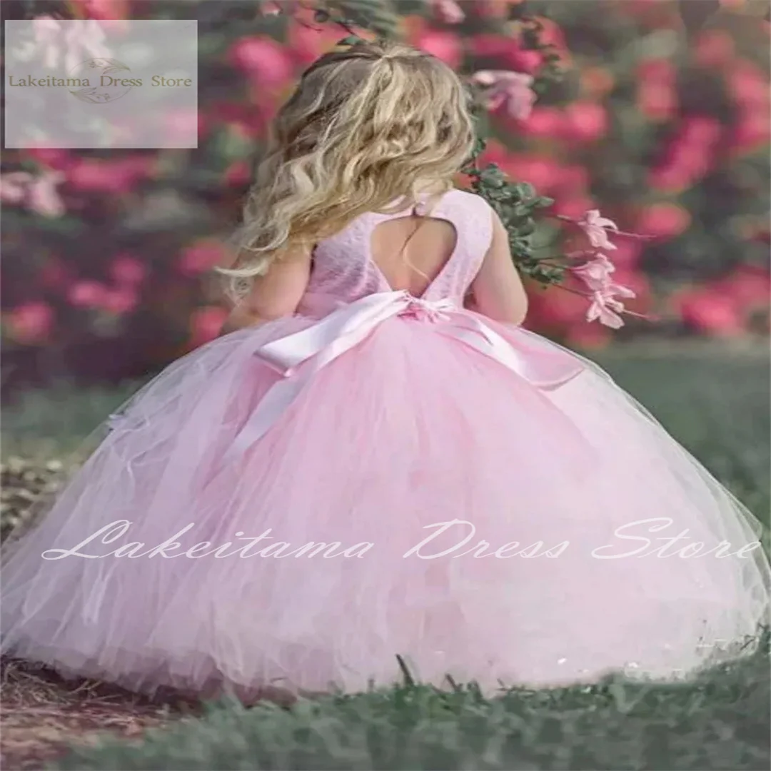 

Pink Flower Girl Dress Gold Sequins Long With Bow Tie Ribbon Fit Wedding Party Birthday First Communion Gowns