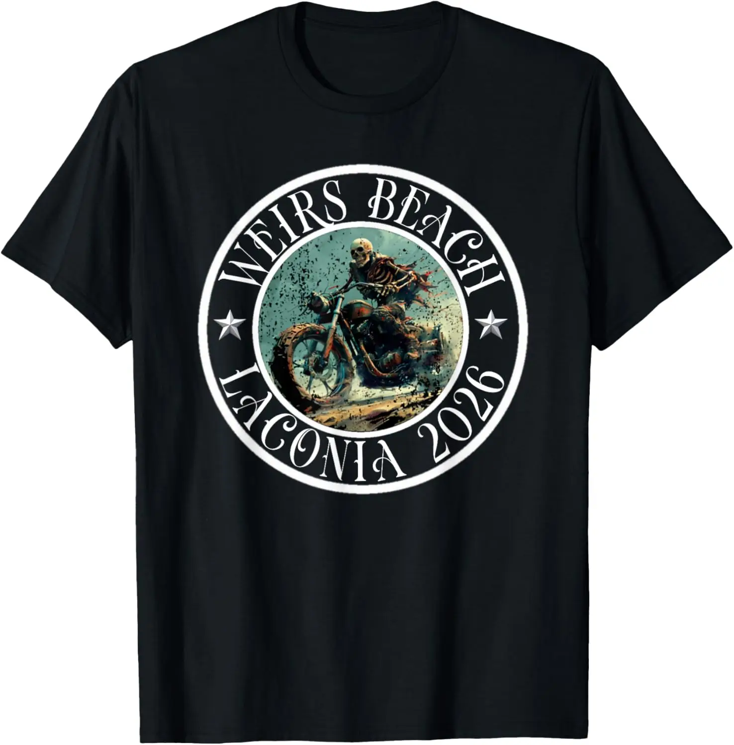 Vintage Laconia Bike Rally 2026 Weirs Beach NH Skull Biker T-Shirt 100% Cotton Trendy Y2K Short-Sleeve Tee-Soft, Quick-Drying,